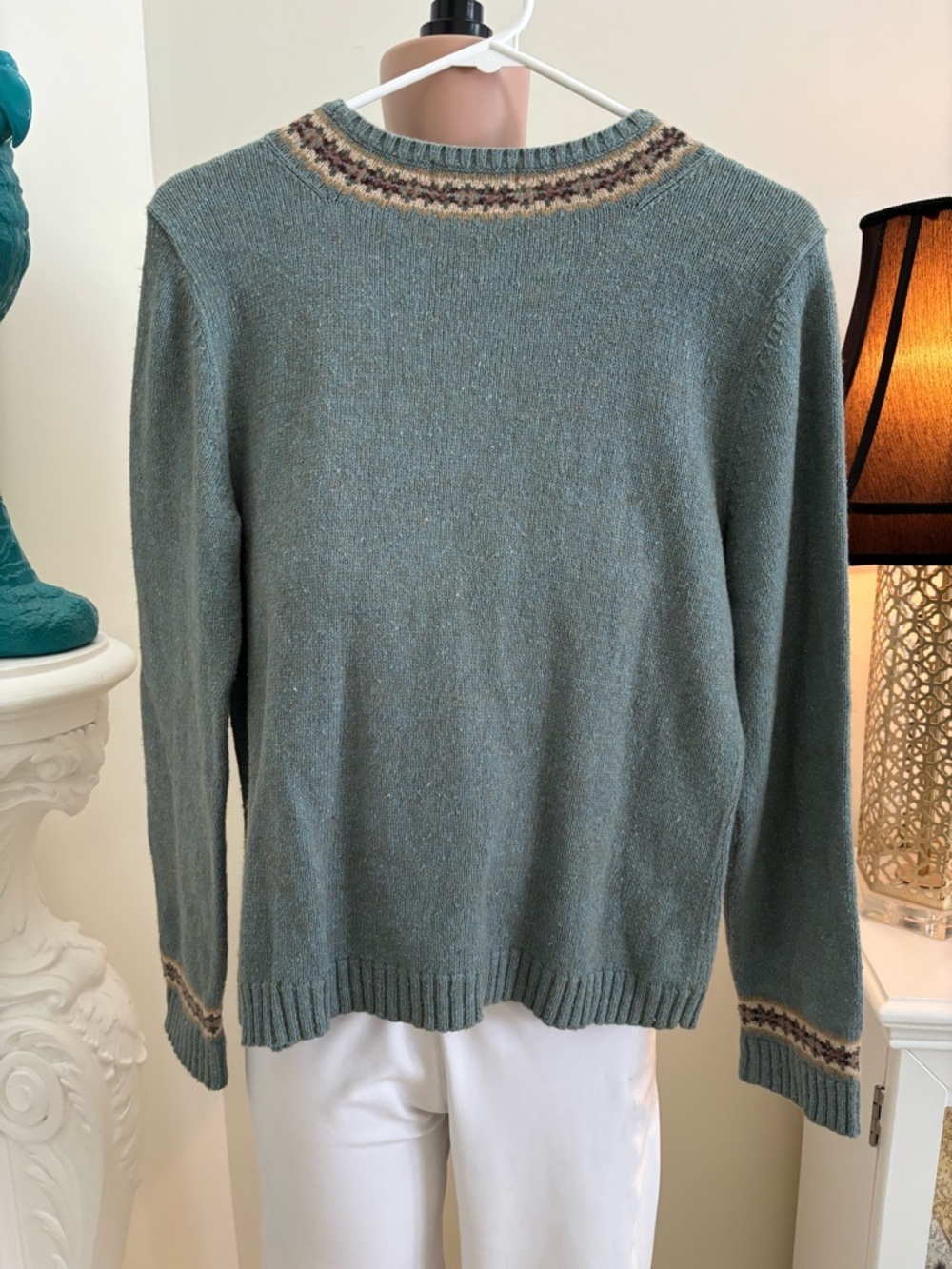 Vintage Eddie Bauer Teal Crewneck Sweater with Fair Isle Trim - Picture 7 of 10